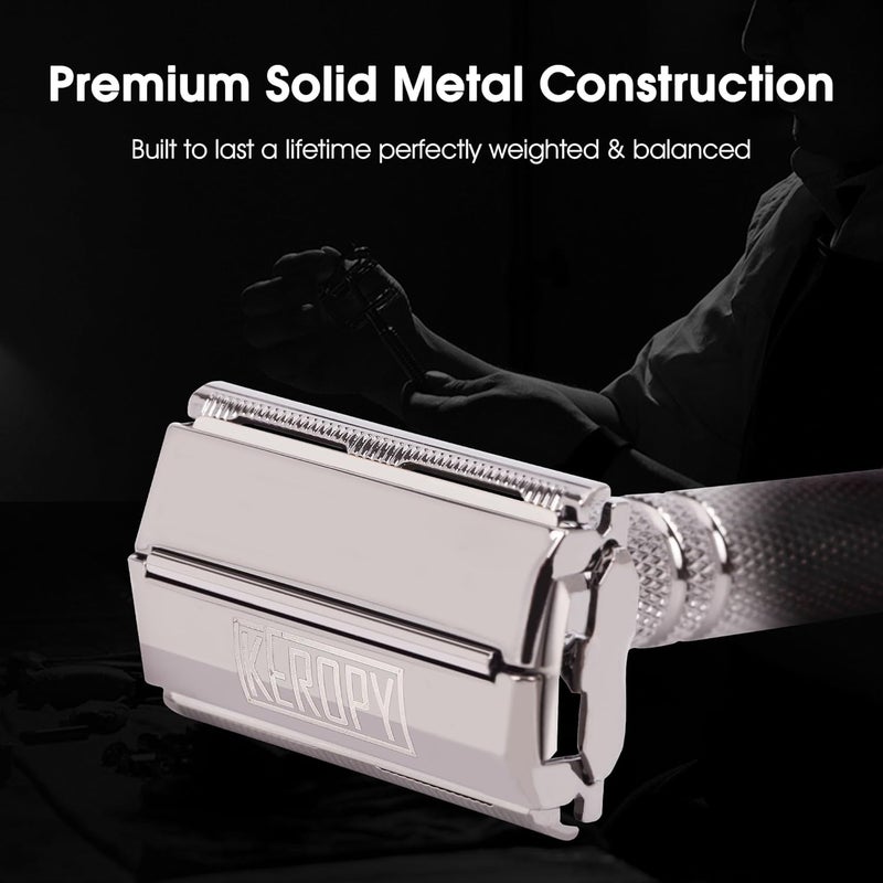 Keropy Double Edge Safety Razor for Men with 10 Blades, Butterfly Open Design for Close Shave - Eco-Friendly Metal Razor, Premium Gift for Dad, Husband - Modern Shaving Kit - Gloss Black - Image 5